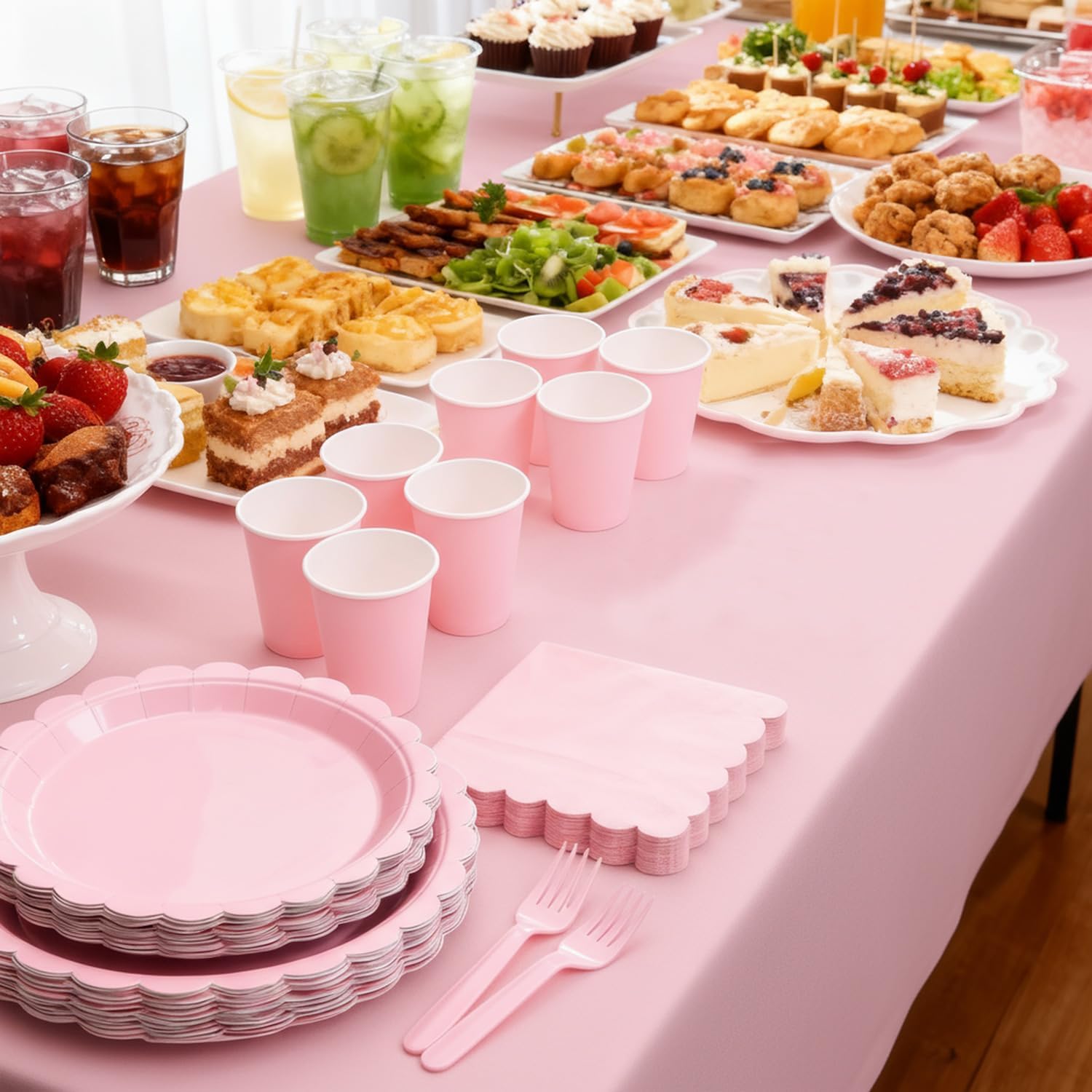Oigco 50 Pcs Pink Plates and Napkins, Disposable Light Pink Scalloped Paper Plates & Napkins for Wedding Bridal Shower Birthday Baby Shower, Serves 25